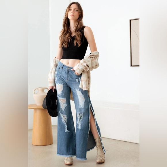 Denim - Distressed Blue Wide Leg Side Slit Women's Denim Jeans